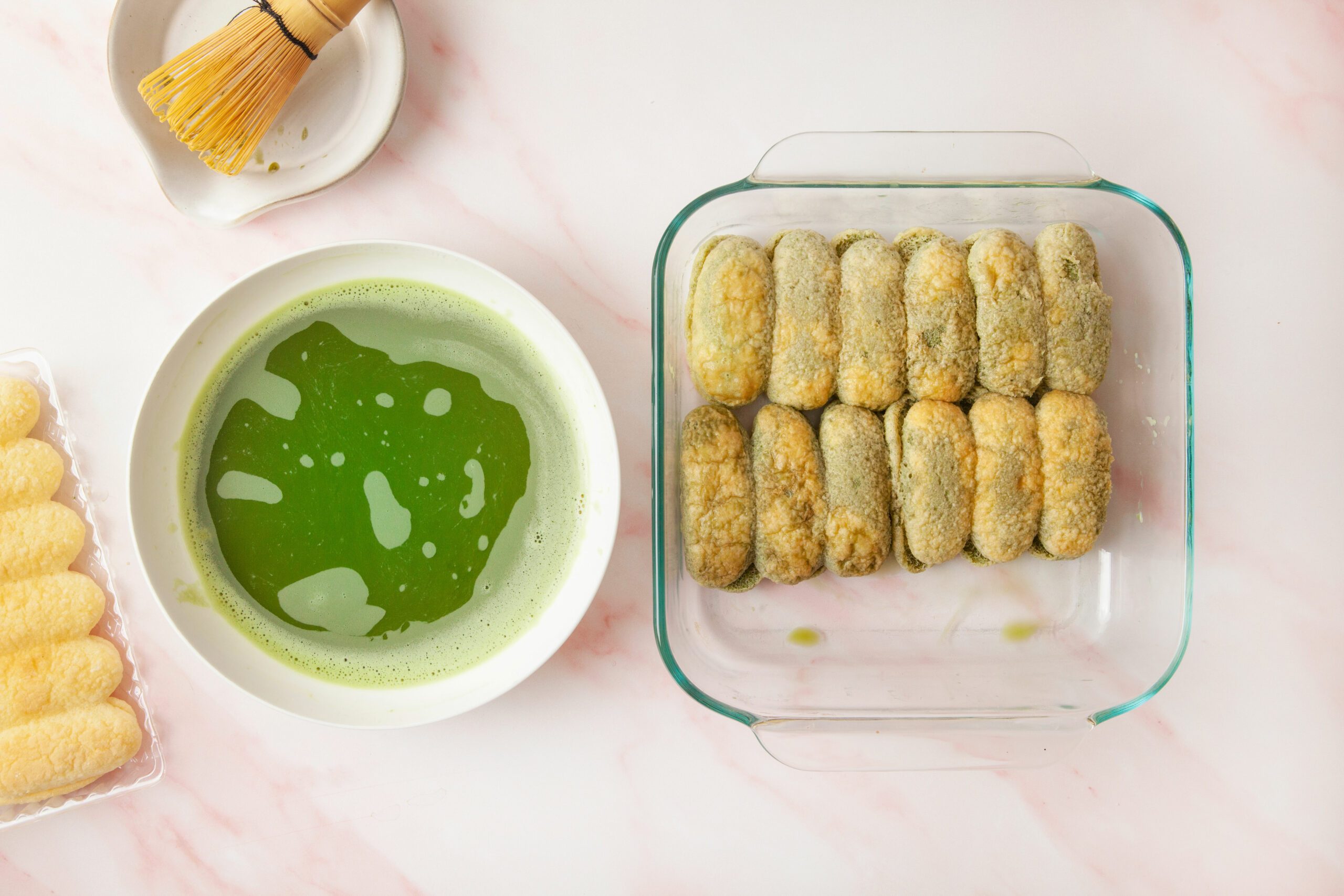 Matcha Tiramisu being prepared 