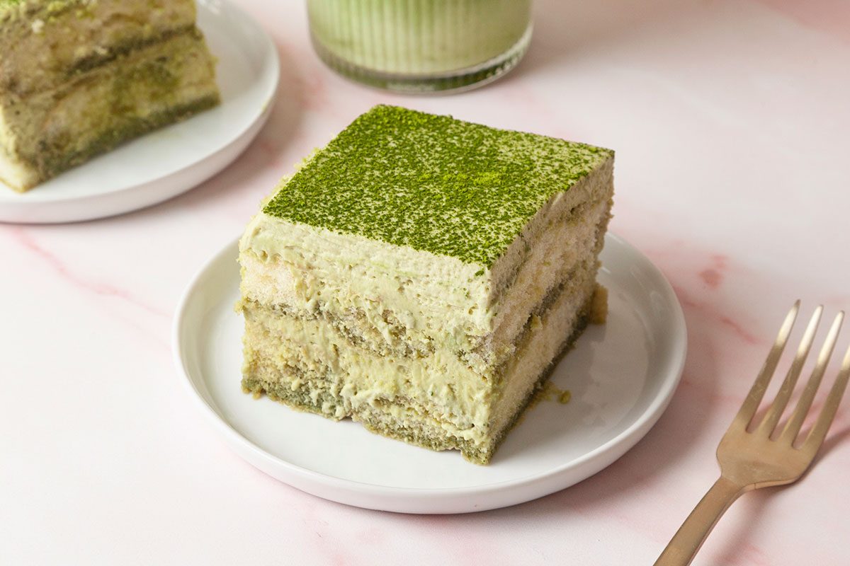 Matcha Tiramisu serve on a plate, ready to eat