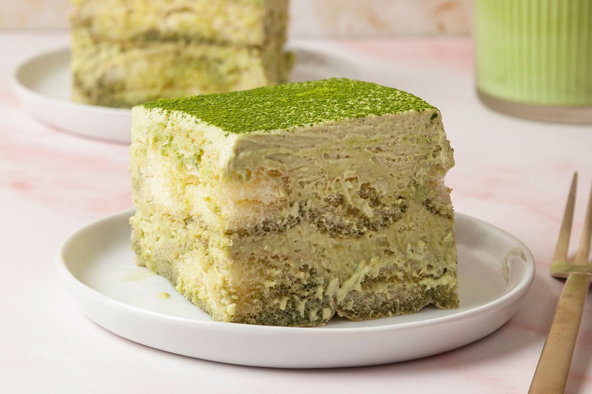 Matcha Tiramisu serve on a plate, ready to eat