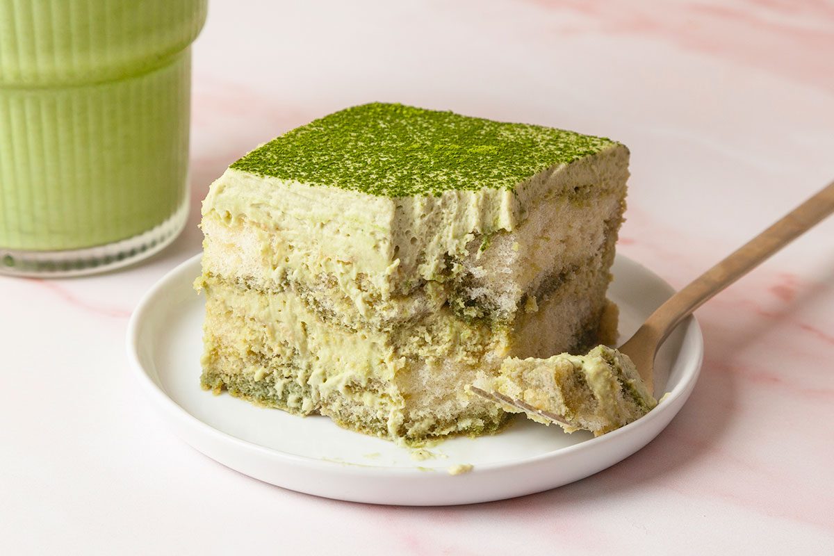 Matcha Tiramisu serve on a plate, ready to eat