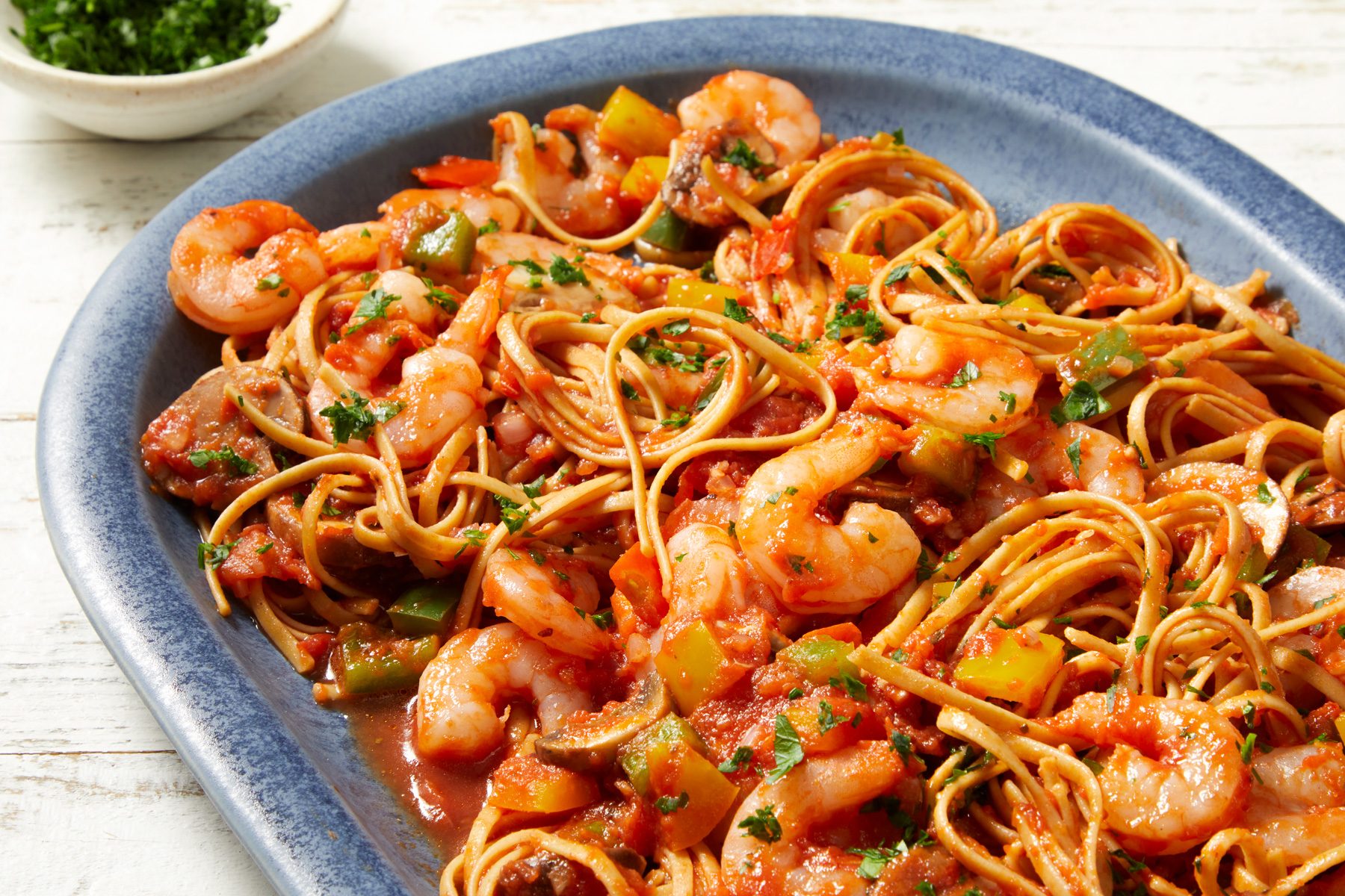 3/4th shot of Spicy Shrimp & Peppers with Pasta;