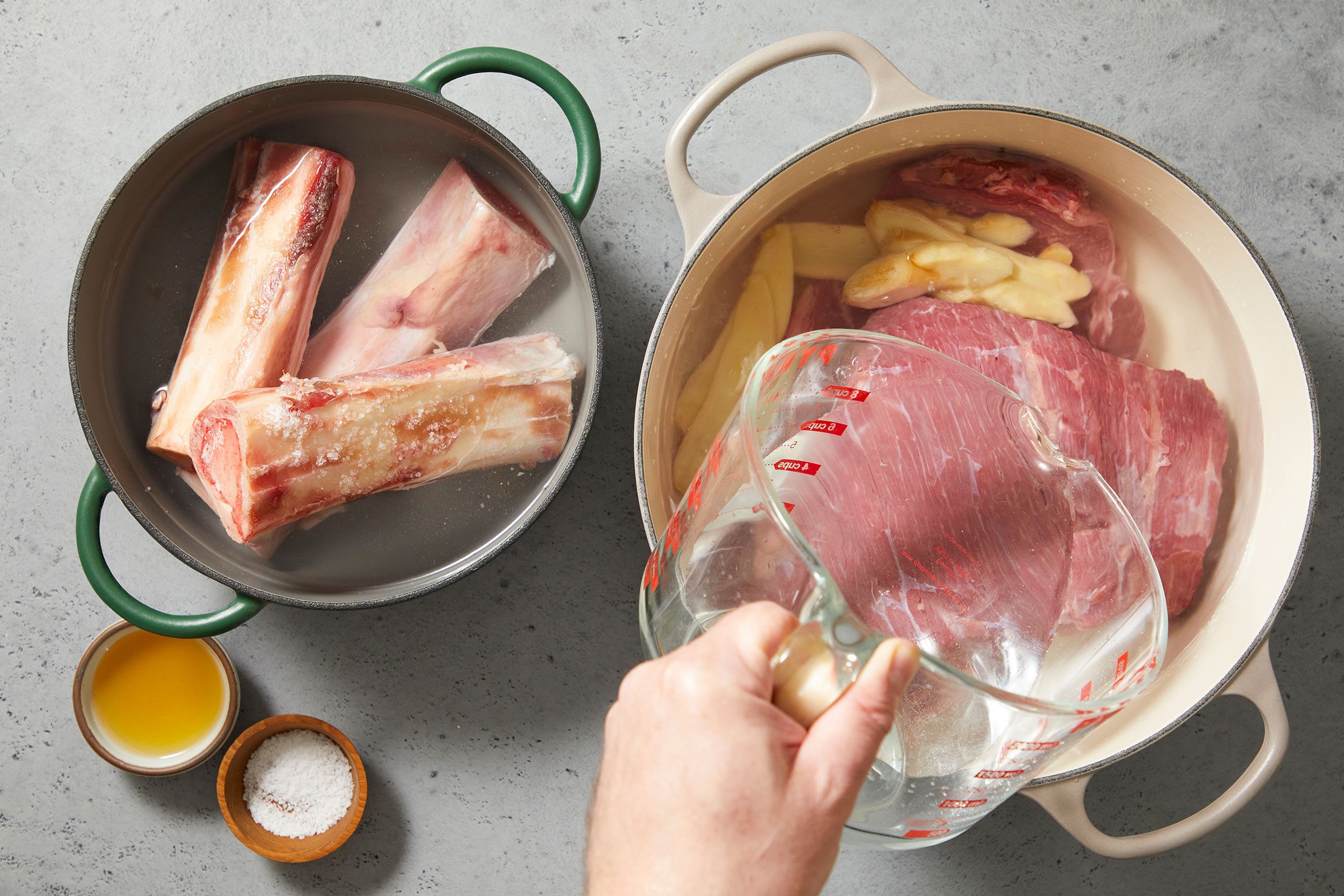 In a large saucepan, covered sirloin steak and brisket with the water, salt, wine and sliced ginger
