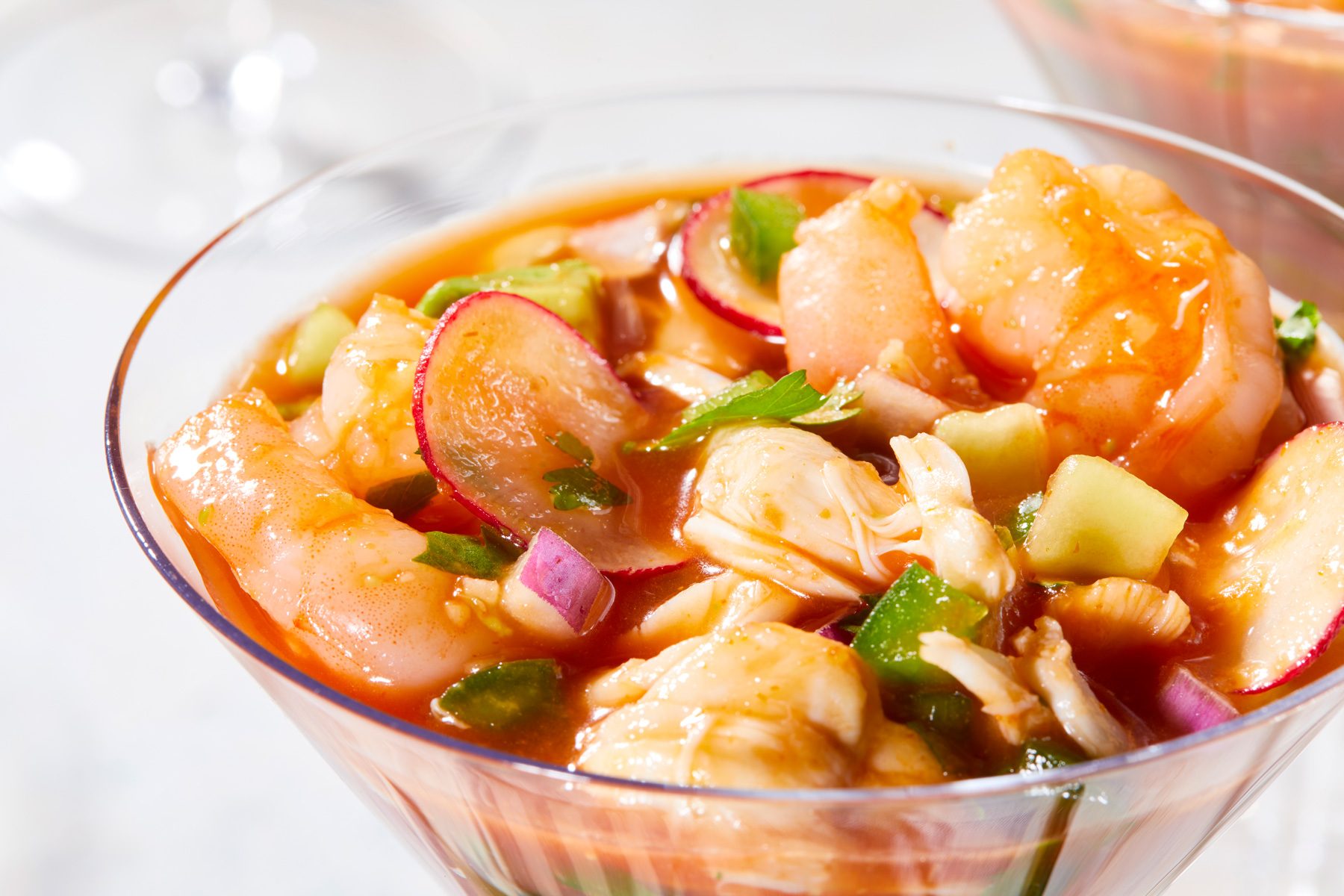 Close up shot of Shrimp and Crab Cocktail;