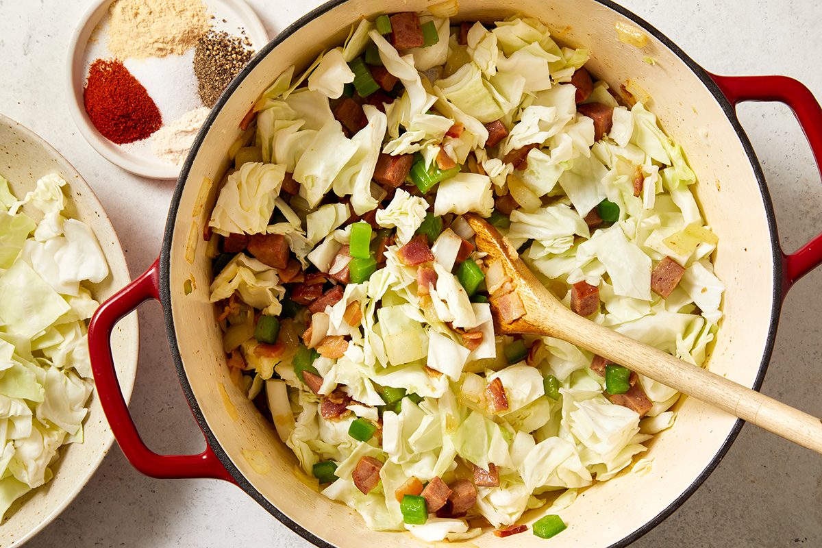 Add cabbage, salt, paprika, garlic powder, onion powder and pepper; cook