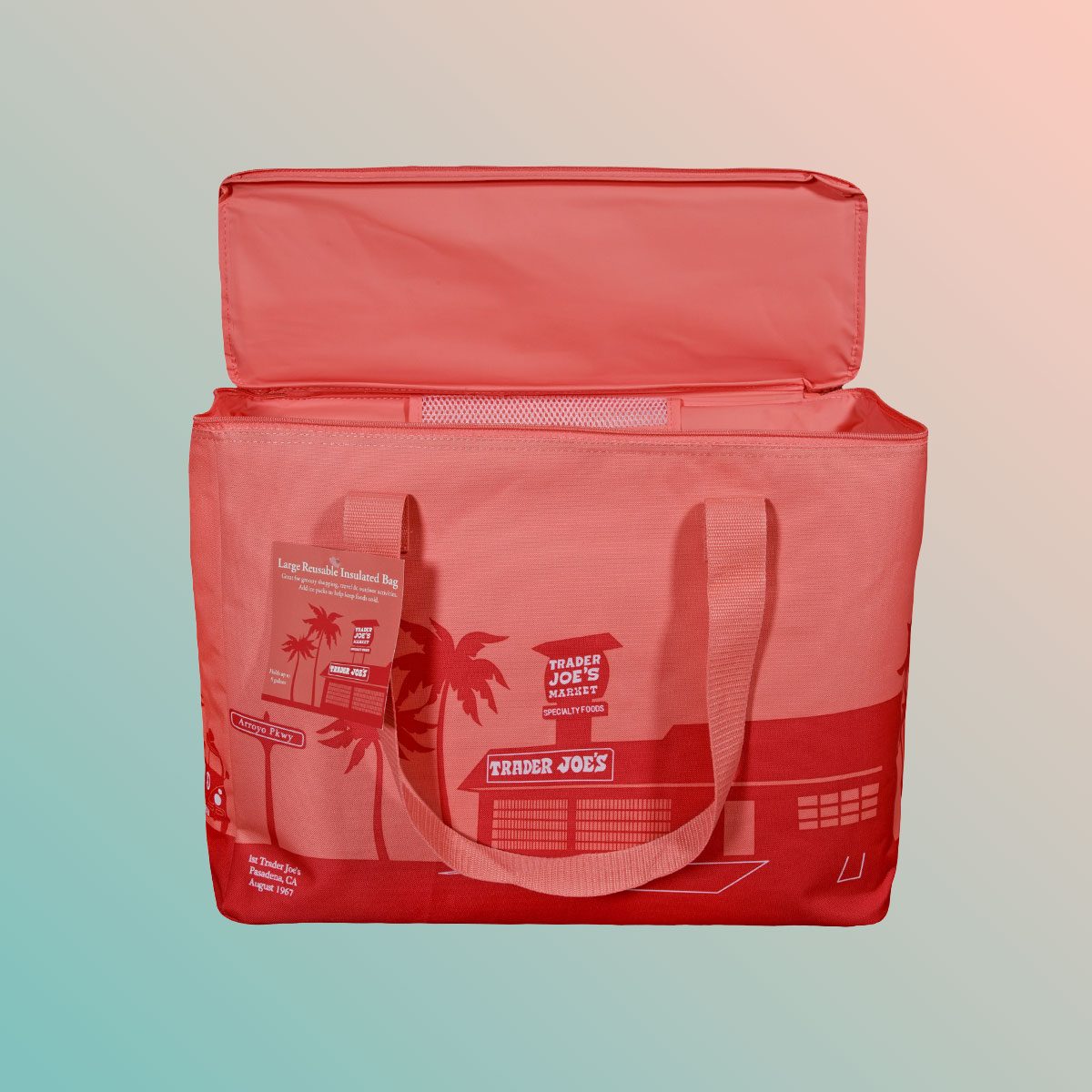 Trader Joe's cooler bag on gradient background