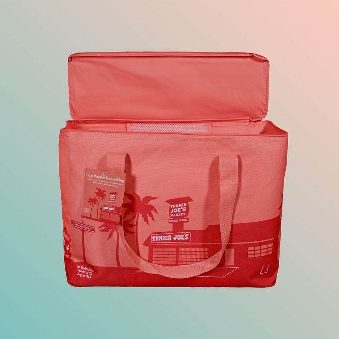 Trader Joe's cooler bag on gradient background