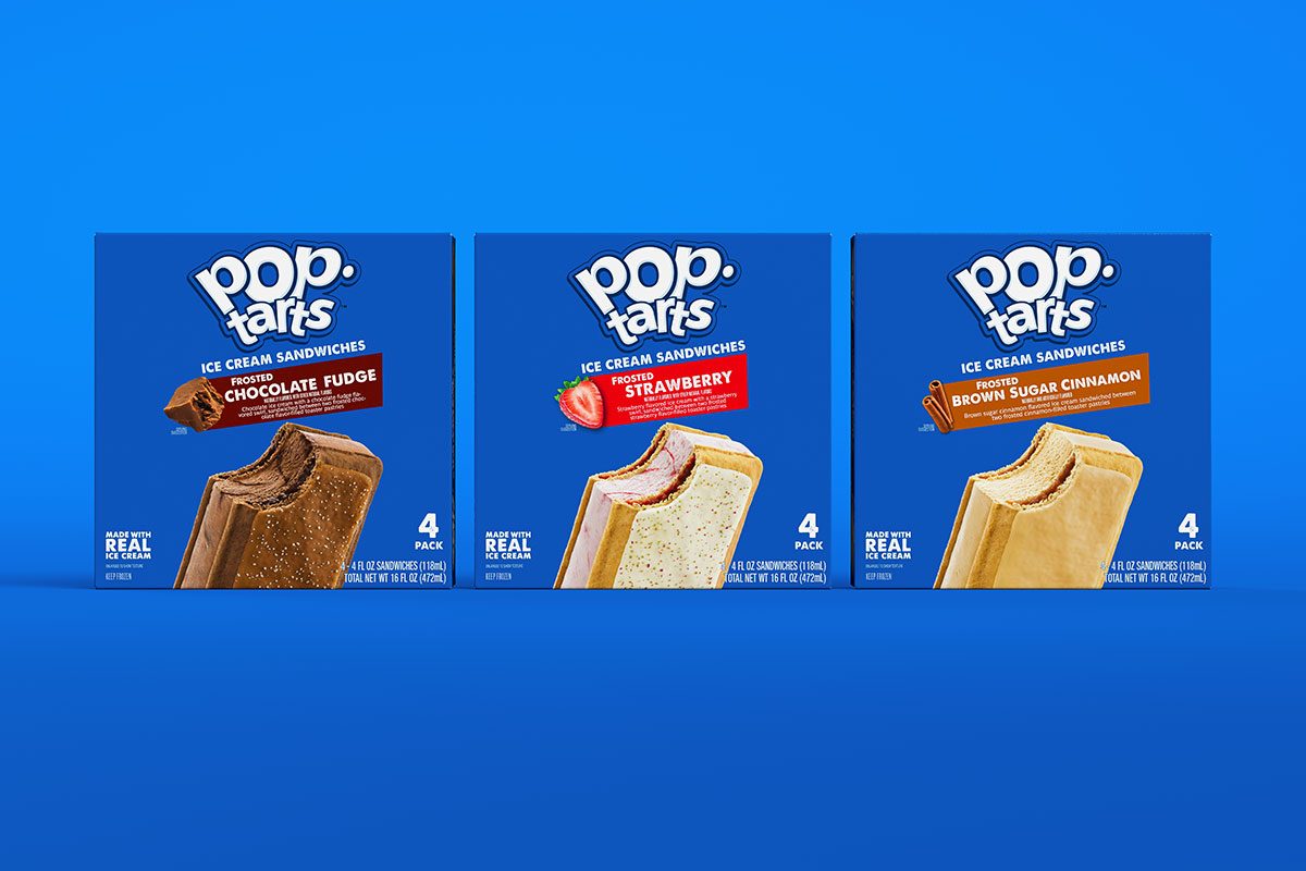 Three boxes of Pop Tarts Ice Cream Sandwiches on a blue background