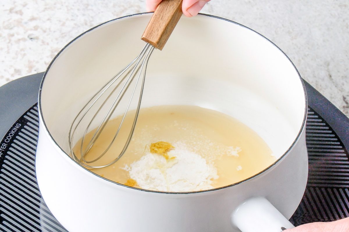 water mixed with the sugar, brandy, cornstarch, lemon juice, quick-cooking tapioca, lemon zest and salt