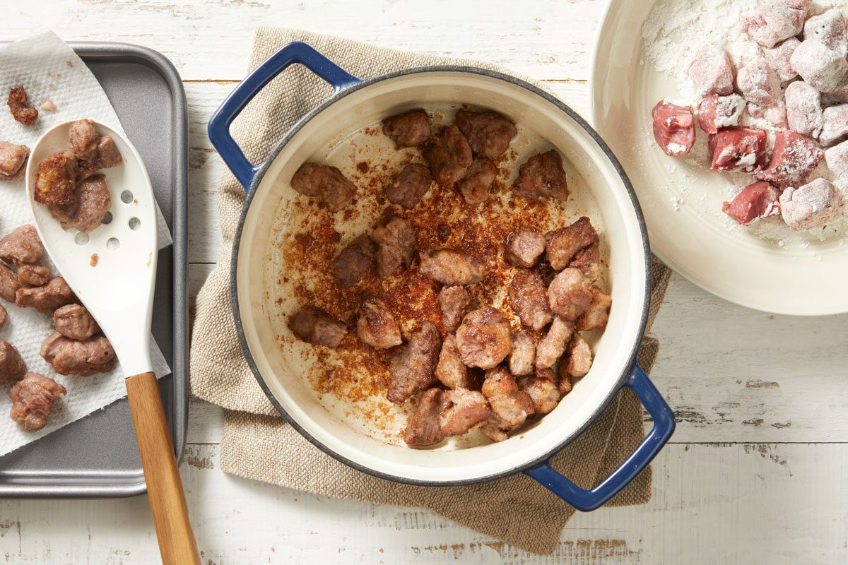 In a large bowl, combine 4 tablespoons flour , salt and pepper. Add beef, a few pieces at a time, and toss to coat.