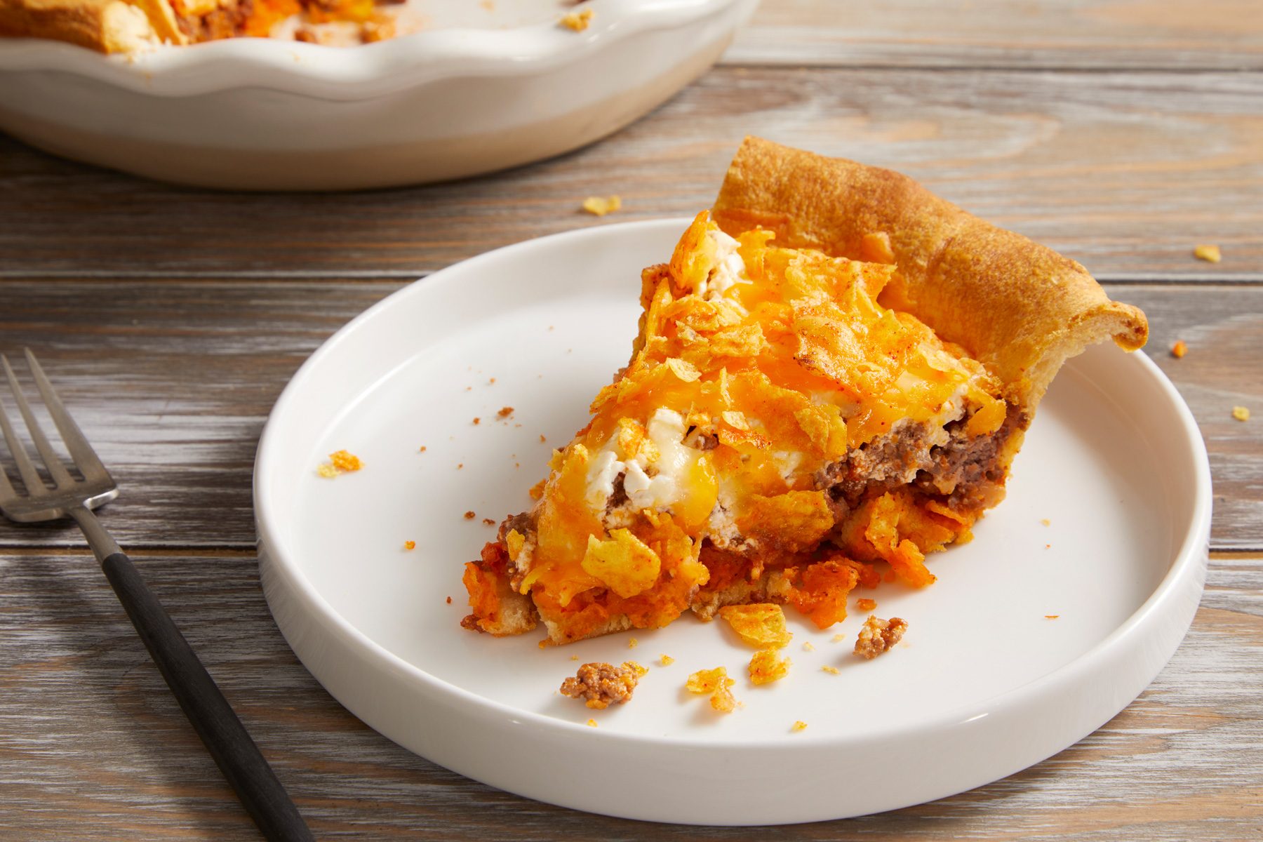 Close up shot of Beef Nacho Pie;