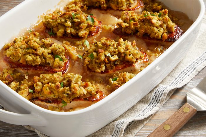 3/4 shot of Pork Chops with Apples and Stuffing;