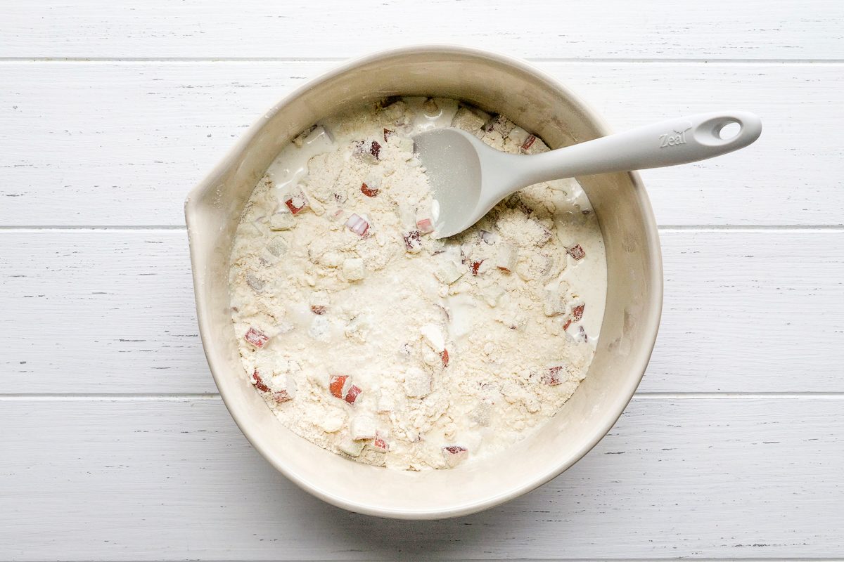 Rhubarb stirred into the crumb mixture