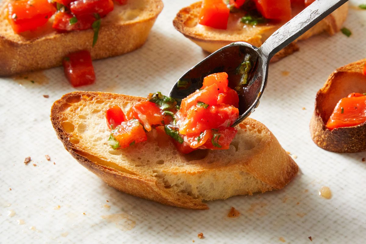 Close up shot of Red Pepper Bruschetta