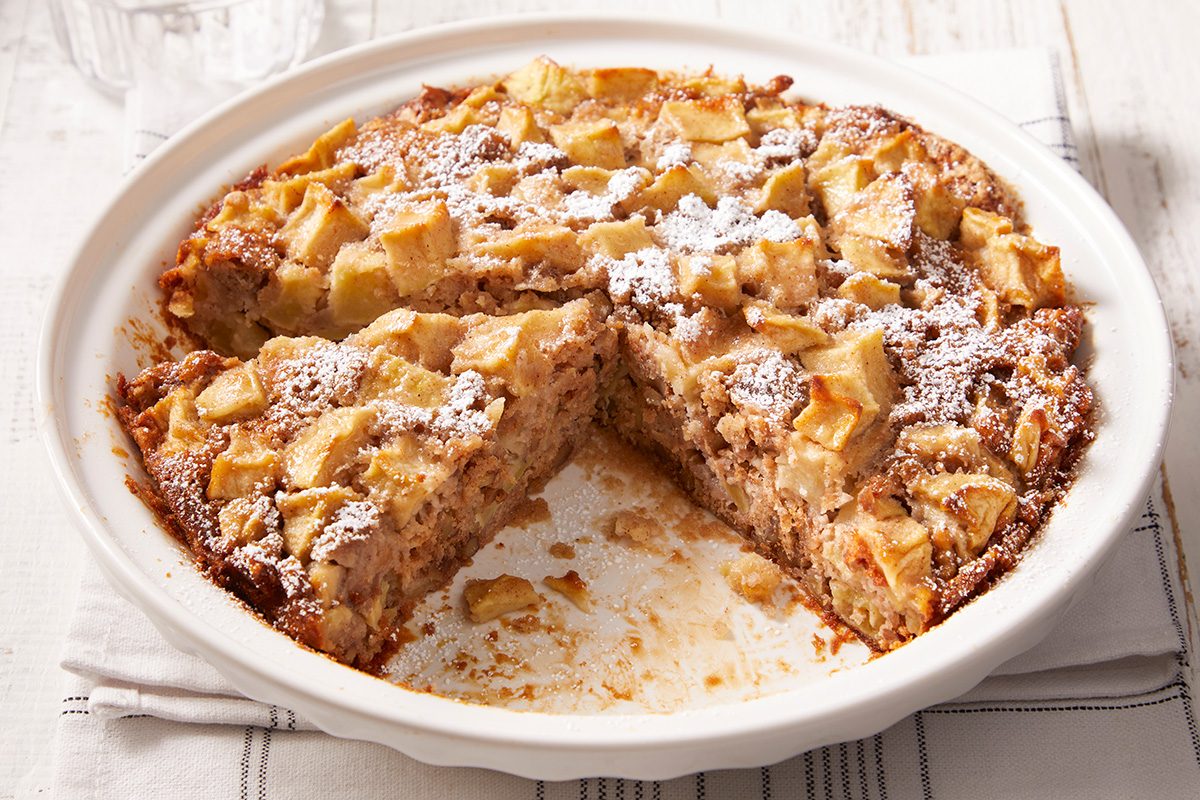 3/4 shot of Swedish Apple Pie sprinkled with confectioner's sugar on top