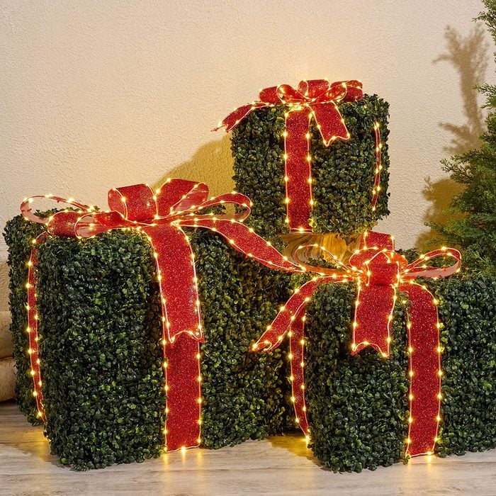 Outdoor Lit Boxwood Presents