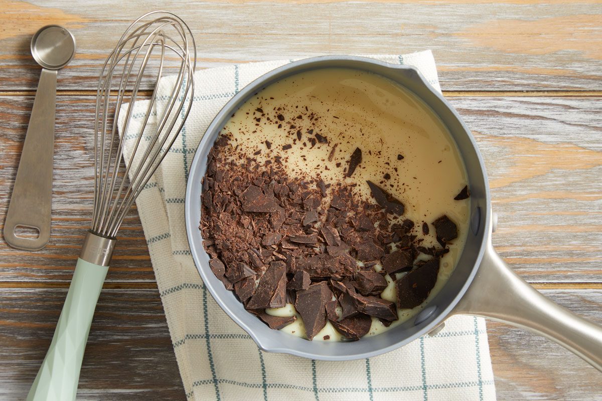 In a small saucepan over low heat, cook and stir 1/2 cup milk and the chocolate until chocolate is melted and mixture is thickened,