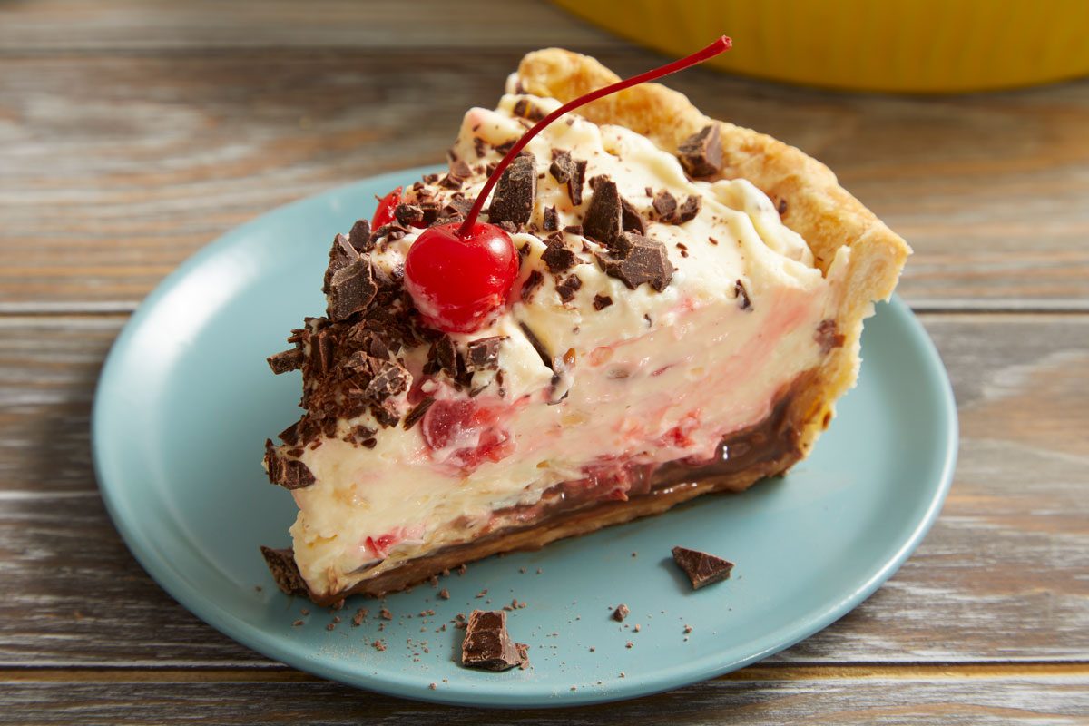 Close up shot of Cherry Almond Mousse Pie