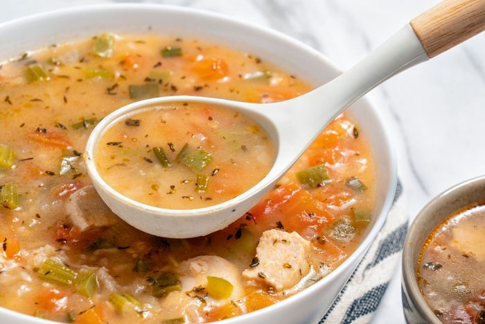 Close up shot of Tomato Chicken Rice Soup