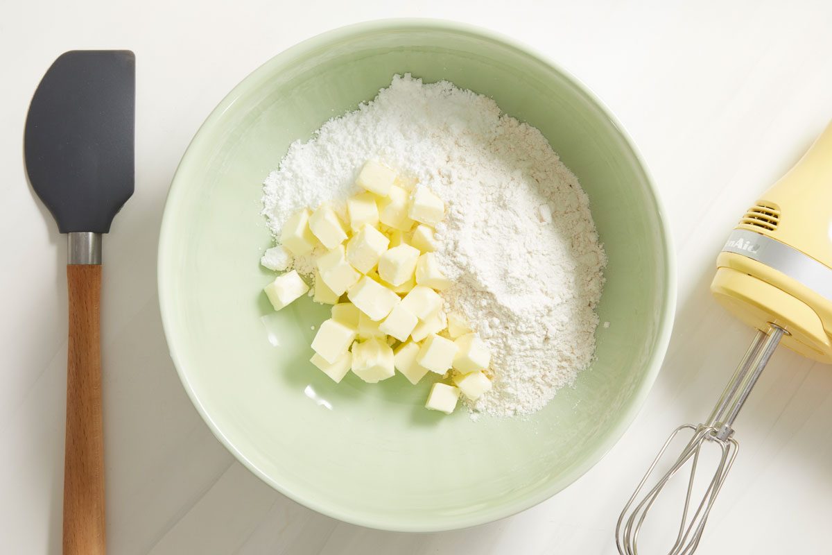 Overhead shot of flour and butter in a large bowl