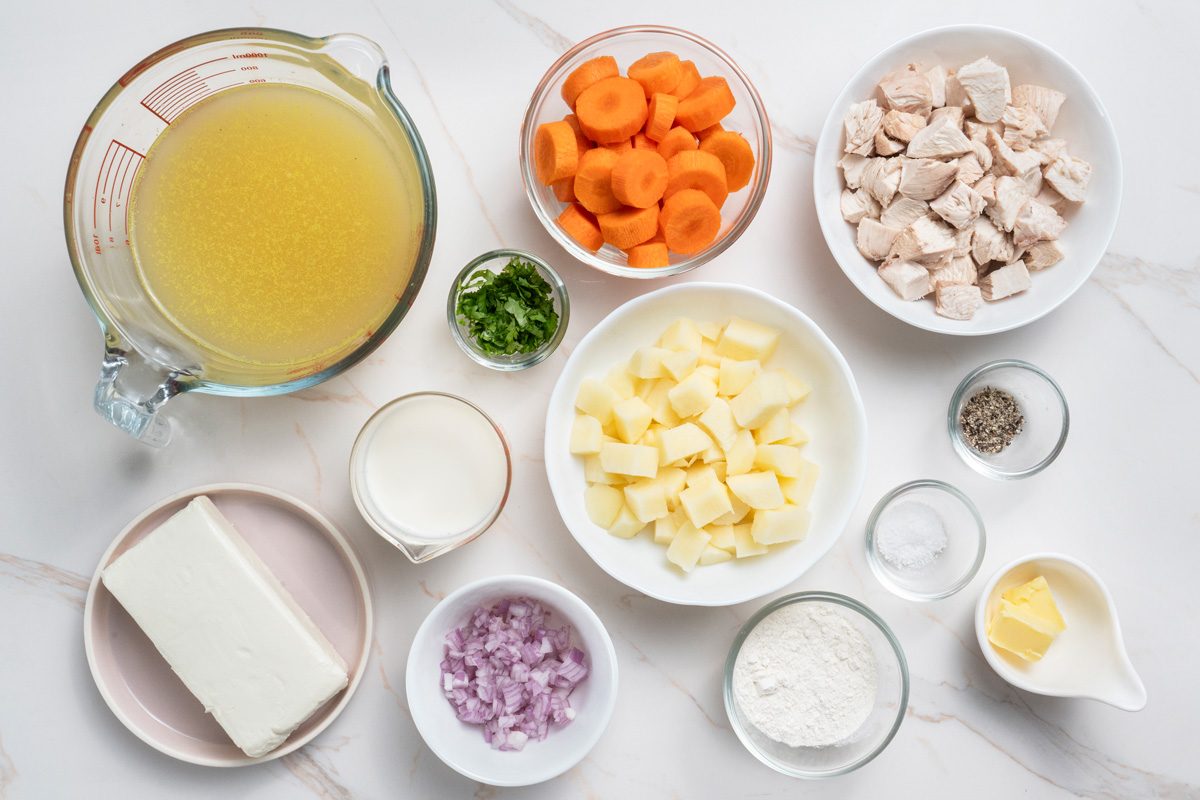 Onion, Butter, Chicken broth, Carrots, Potatoes, Cooked chicken, Parsley, Salt and pepper, Flour, 2% milk and Cream cheese 