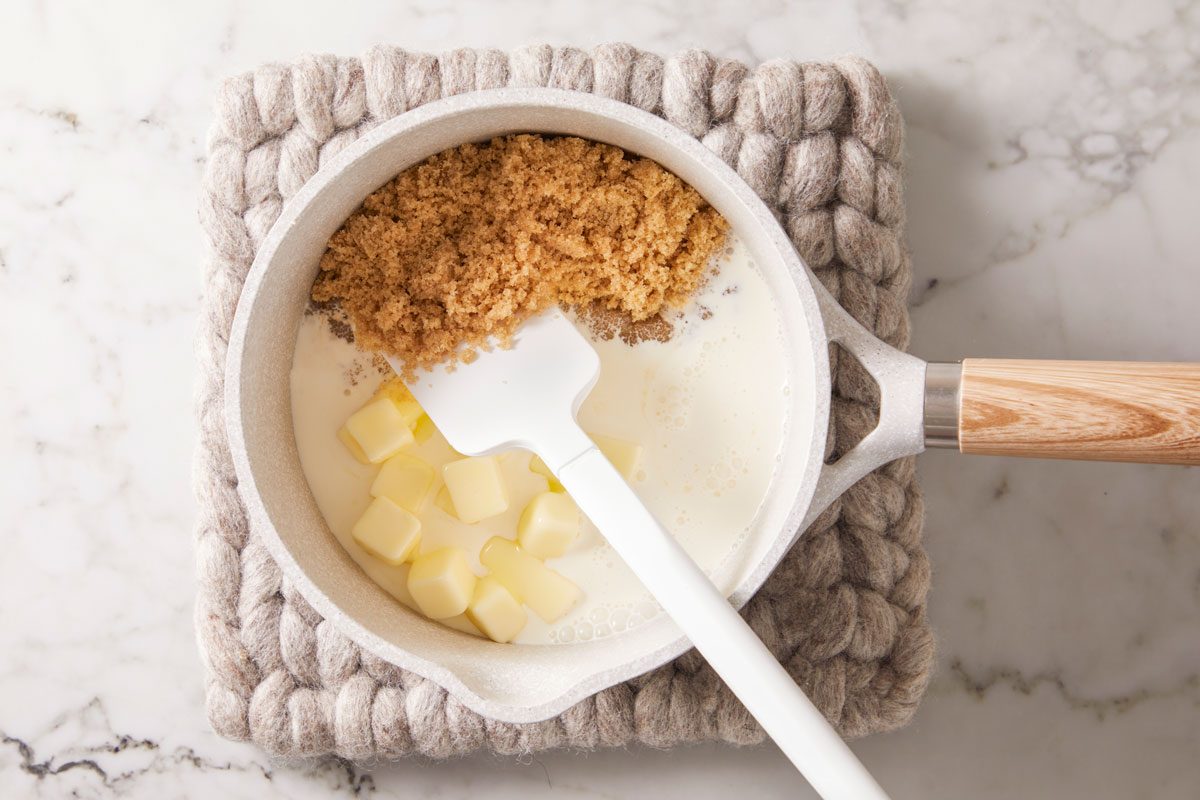 in a small heavy saucepan, combine brown sugar, cream and butter.