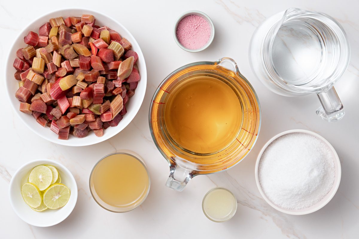 Rhubarb Water Sugar Strawberry gelatin powder Boiling water Pineapple juice Lemon juice Ginger ale