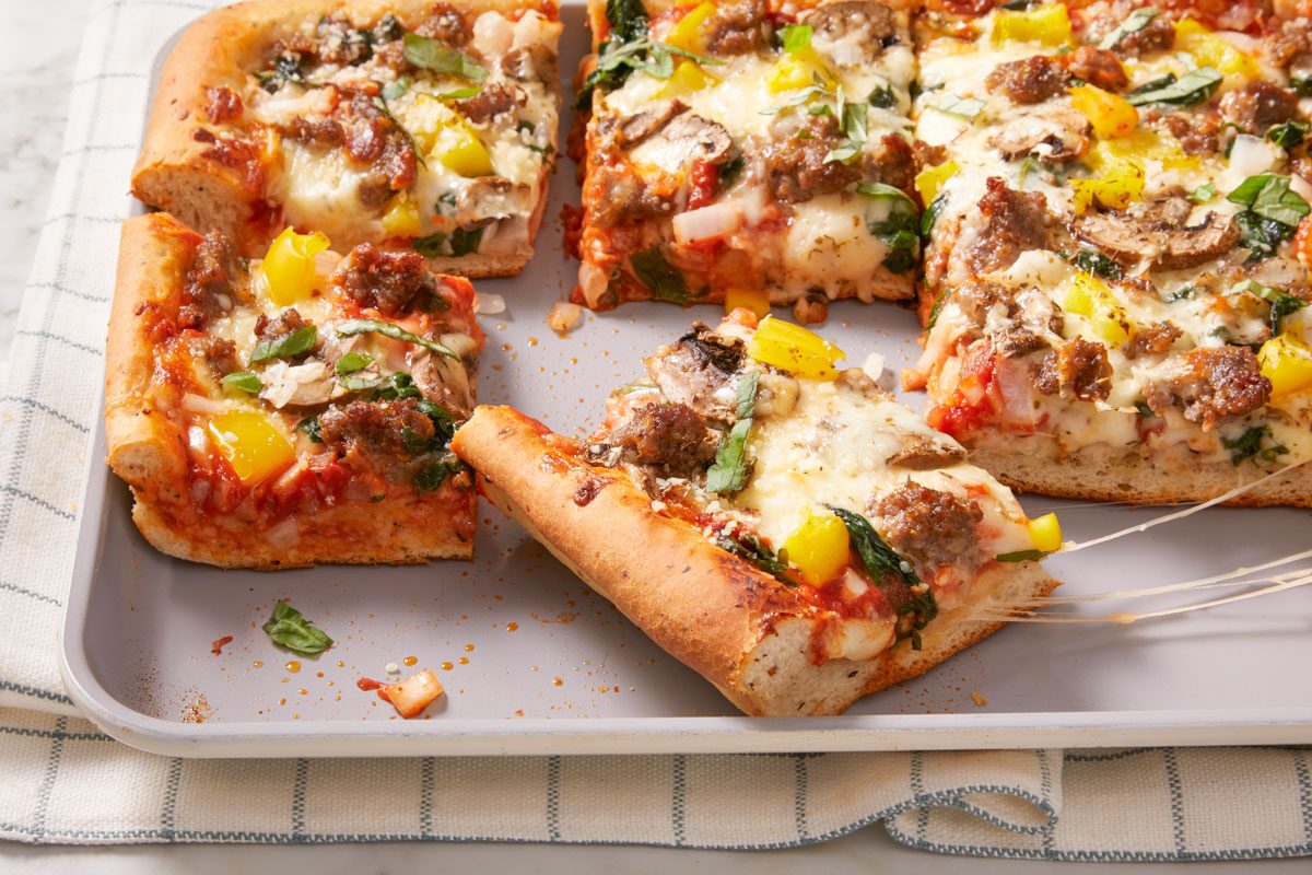 3/4 shot of Pepper Sausage Pizza