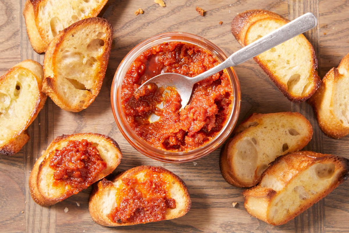Overhead shot of Sun-Dried Tomato Pesto on toast