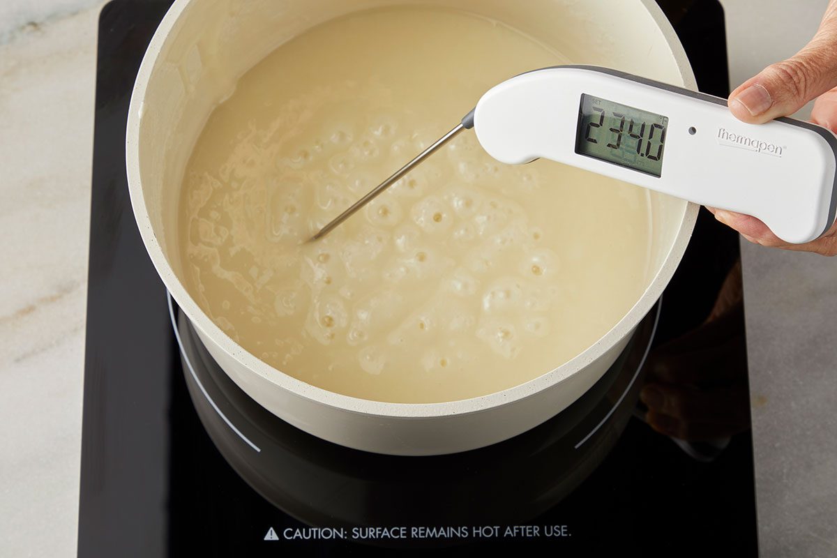 3/4th shot of a hand holds a digital thermometer in a pot of bubbling liquid on a stovetop; showing a temperature of 234.0°F.