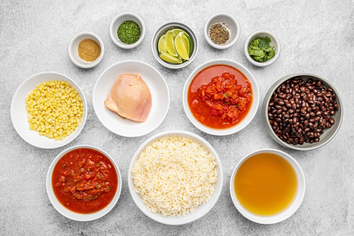 black beans, tomato, salsa, chicken, corn, chicken broth, rice, spices and garnishes
