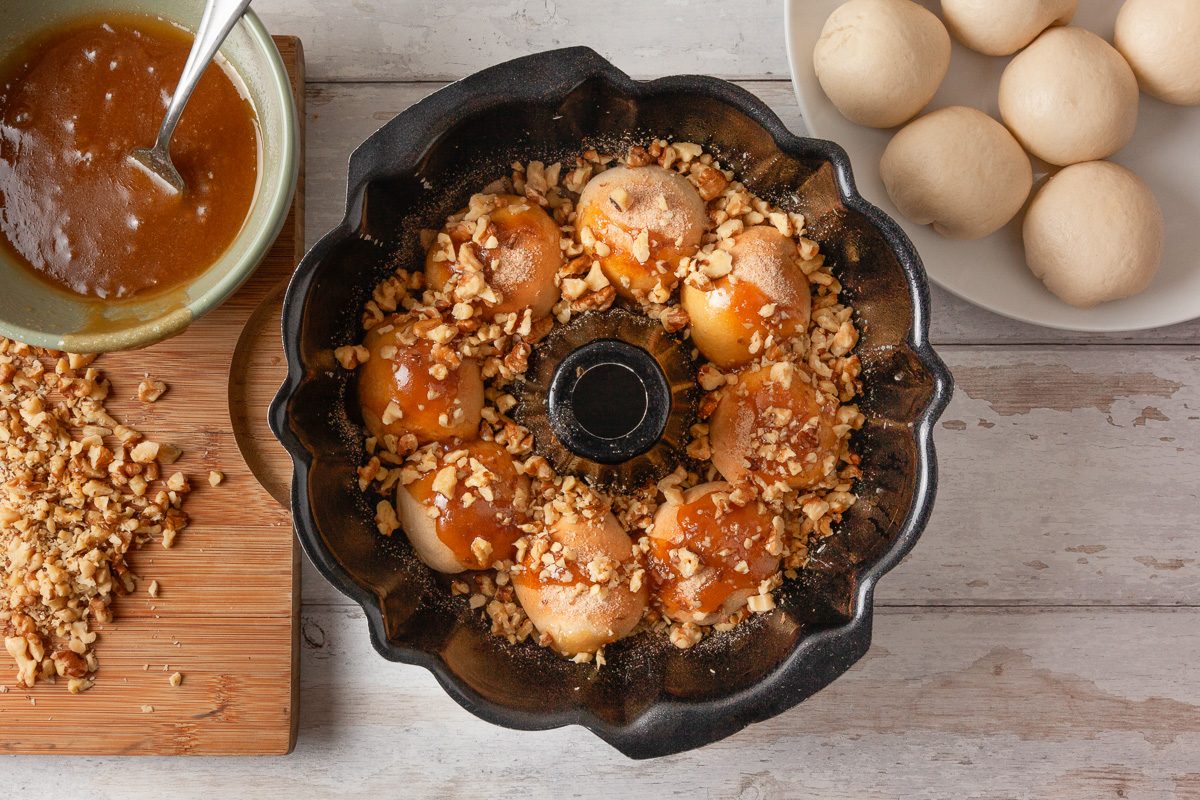 biscuits layered over walnuts in flute tube pan