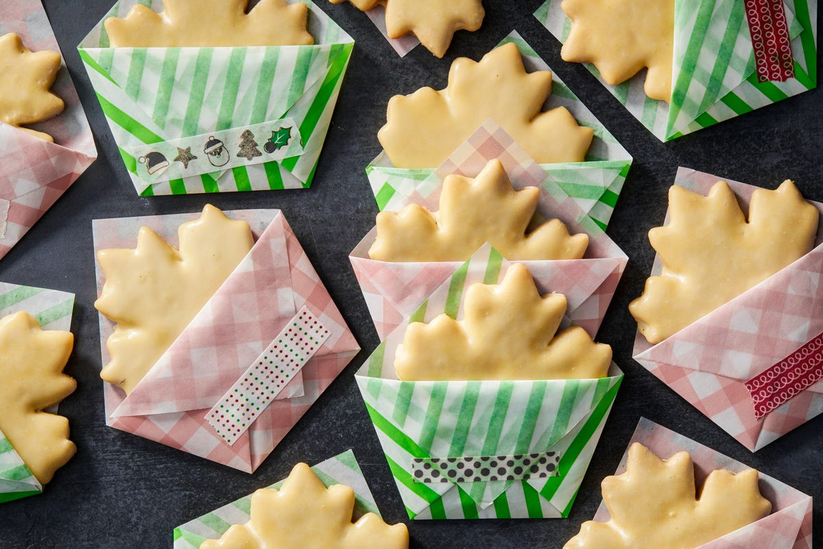 cookies in origami cookie sleeves sealed with washi tape