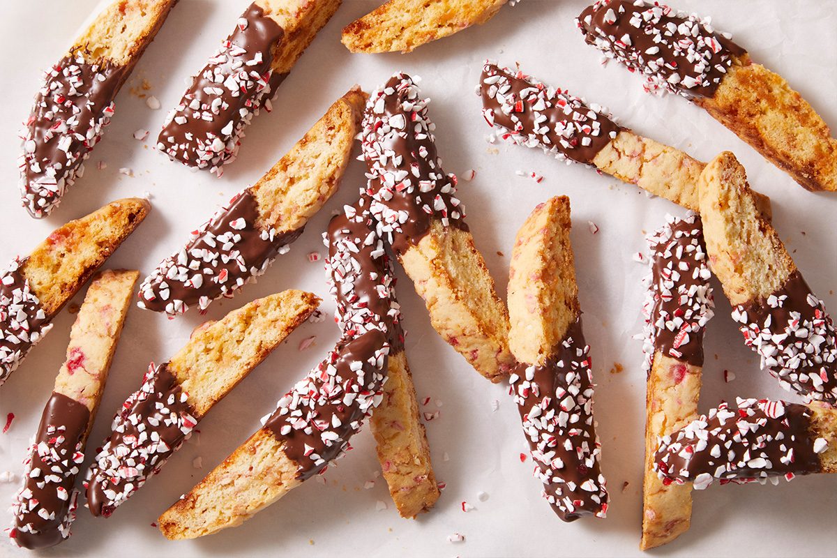 Overhead shot of Peppermint Biscotti arranged neatly on parchment paper.