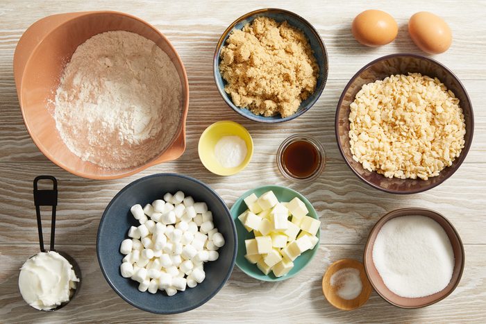 Rice Krispies cereal, marshmallows, flour, butter, sugar, eggs, vanilla extract, salt and baking soda
