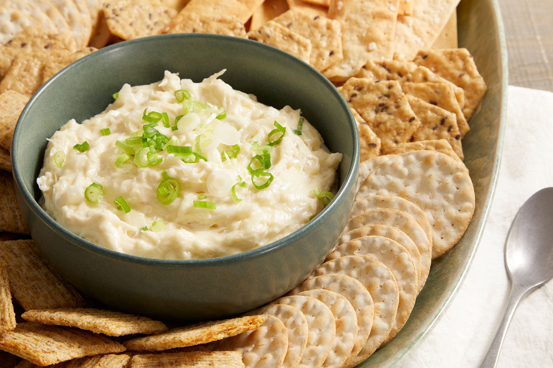 Slow Cooker Hot Crab Dip with a garnishing of sliced green onions with crackers around it.