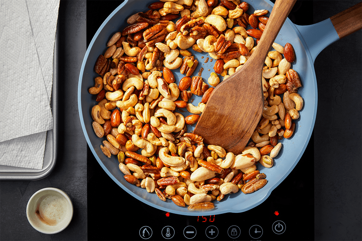 Nuts in a buttered pan