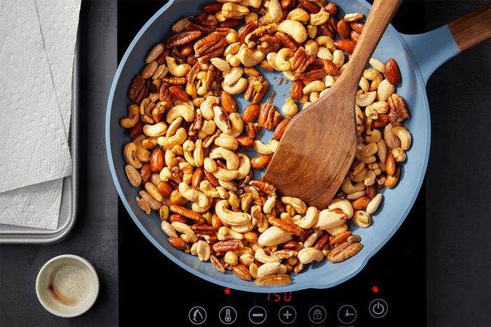 Nuts in a buttered pan