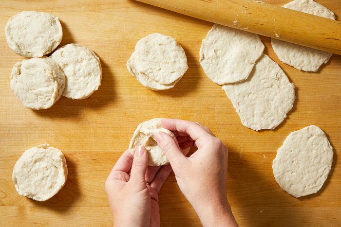 biscuit dough flattened to 1/4-inch thickness